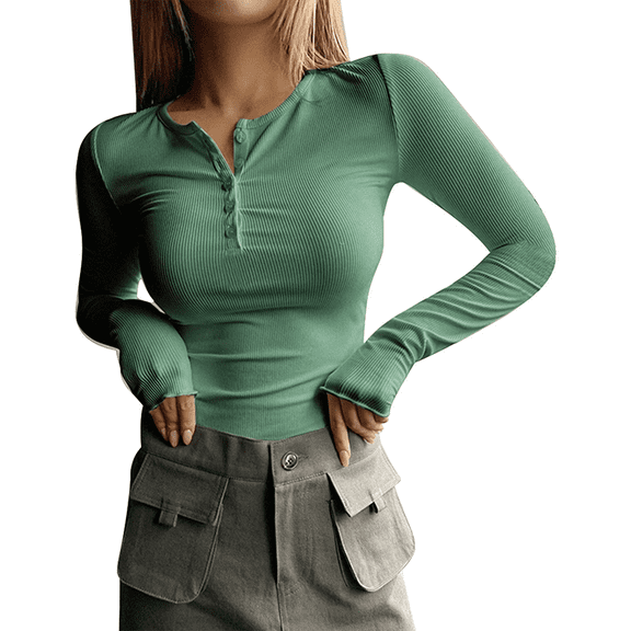 Aricy Women's Long Sleeve T-shirt, sexy Long Sleeve Shirts For Women V Neck Henley Tops Slim Fit Basic Ribbed Knit Button Down T Shirts Tops