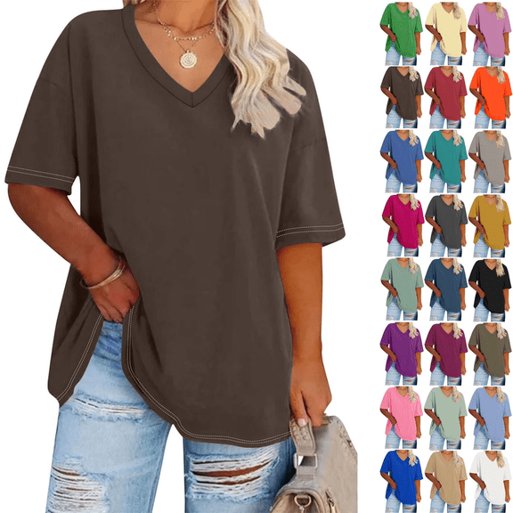 Aricy Women's Plus Size V Neck Summer Top Short Sleeved Solid Color T Shirts Summer Short Sleeve Tees Casual Loose Fit Cotton Tunic Tops
