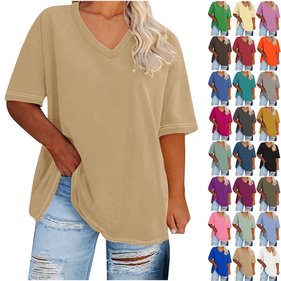 Aricy Women's Plus Size V Neck Summer Top Short Sleeved Solid Color T Shirts Summer Short Sleeve Tees Casual Loose Fit Cotton Tunic Tops