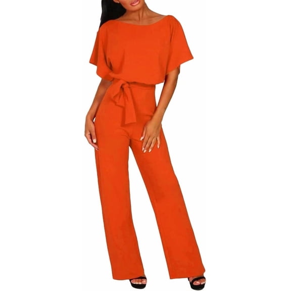 Aricy Women's Summer Elegant One Piece Outfits Jumpsuit Wide Leg Crew Slash Neck Tie Waist Playsuit Ladies Baggy Dungarees High Waisted Wedding Business Party Rompers Vacation Clubwear