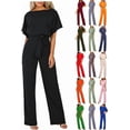 thumbnail image 1 of Aricy Women's Summer Elegant One Piece Outfits Jumpsuit Wide Leg Crew Slash Neck Tie Waist Playsuit Ladies Baggy Dungarees High Waisted Wedding Business Party Rompers Vacation Clubwear, 1 of 6