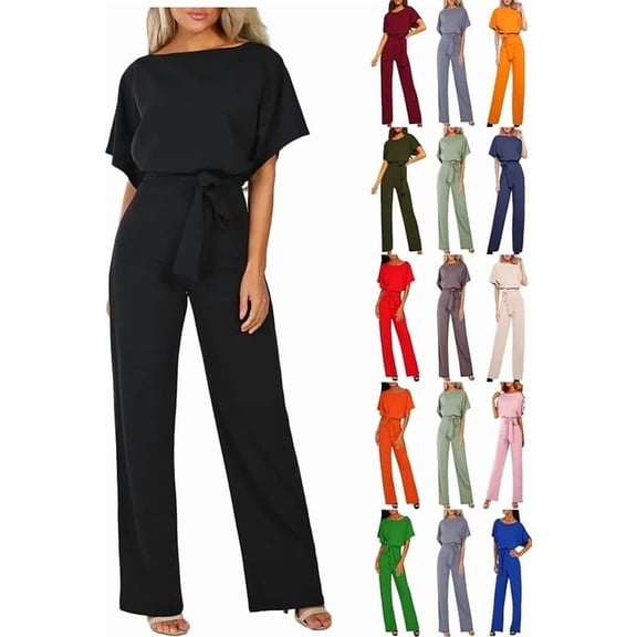 Aricy Women's Summer Elegant One Piece Outfits Jumpsuit Wide Leg Crew Slash Neck Tie Waist Playsuit Ladies Baggy Dungarees High Waisted Wedding Business Party Rompers Vacation Clubwear