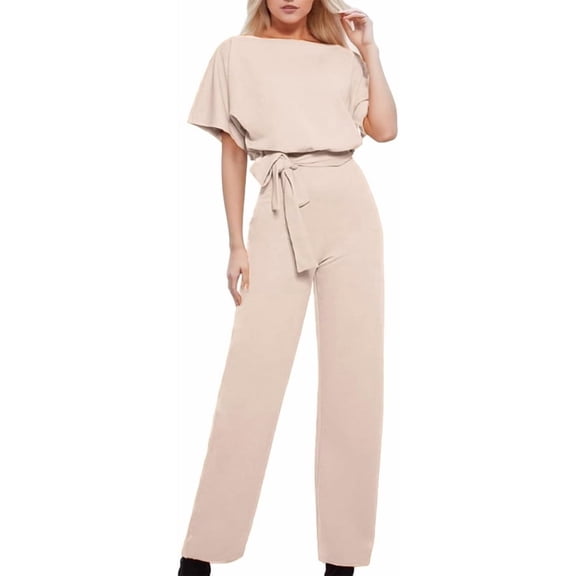 Aricy Women's Summer Elegant One Piece Outfits Jumpsuit Wide Leg Crew Slash Neck Tie Waist Playsuit Ladies Baggy Dungarees High Waisted Wedding Business Party Rompers Vacation Clubwear