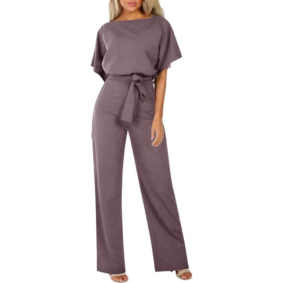 Aricy Women's Summer Elegant One Piece Outfits Jumpsuit Wide Leg Crew Slash Neck Tie Waist Playsuit Ladies Baggy Dungarees High Waisted Wedding Business Party Rompers Vacation Clubwear