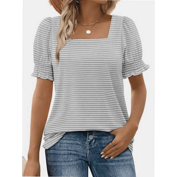 Aricy Women's T Shirt Summer Square Neck Ruffled Summer Basic Tops Short Sleeve Blouse Casual T-Shirt Top for Leggings Loose Blouse Shirt