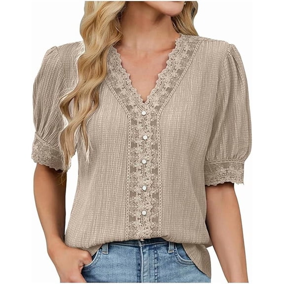 Aricy Women's T-Shirts Summer Vacation Short Sleeve Button V Neck Causal Tops Slim Basic Business Tees Loose Trendy Blouses Loose Fashion Tunic Tops