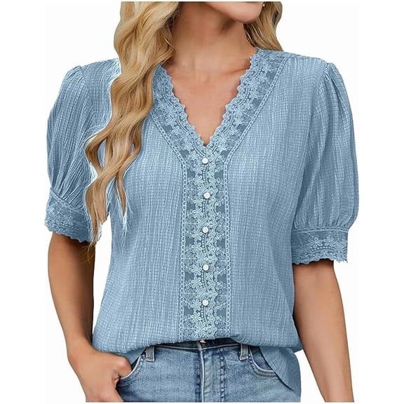 Aricy Women's T-Shirts Summer Vacation Short Sleeve Button V Neck Causal Tops Slim Basic Business Tees Loose Trendy Blouses Loose Fashion Tunic Tops