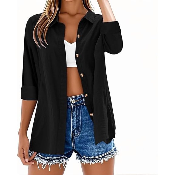 Aricy Womens Button Down Cotton Linen Shirts Solid Casual Summer Tshirts V Neck Roll Up Collared Loose Tees Lightweight Dressy Blouses Office Work Ladies Tunic Tops