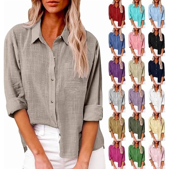 Aricy Womens Button Down Cotton Linen Shirts Solid Casual Summer Tshirts V Neck Roll Up Collared Loose Tees Lightweight Dressy Blouses Office Work Ladies Tunic Tops