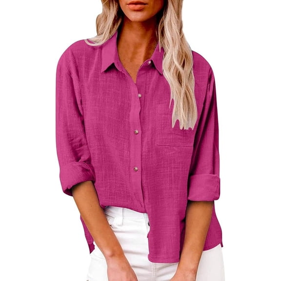 Aricy Womens Button Down Cotton Linen Shirts Dressy Solid Casual Summer T shirts Roll Up Collared Loose Tees Blouses Office Work Ladies Tunic Tops