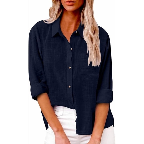 Aricy Womens Button Down Cotton Linen Shirts Dressy Solid Casual Summer T shirts Roll Up Collared Loose Tees Blouses Office Work Ladies Tunic Tops
