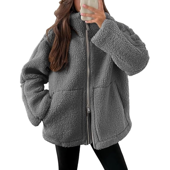 Aricy Womens Coat Casual Fleece Fuzzy Faux Shearling Zipper Coats Winter Fleece Jackets Long Sleeve Relaxed Warm Teddy Outerwear Fall Fashion Clothes with Pockets