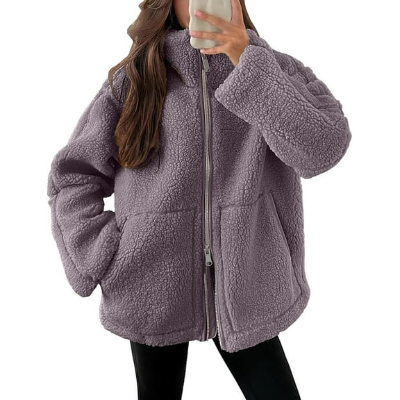 Aricy Womens Coat Casual Fleece Fuzzy Faux Shearling Zipper Coats Winter Fleece Jackets Long Sleeve Relaxed Warm Teddy Outerwear Fall Fashion Clothes with Pockets