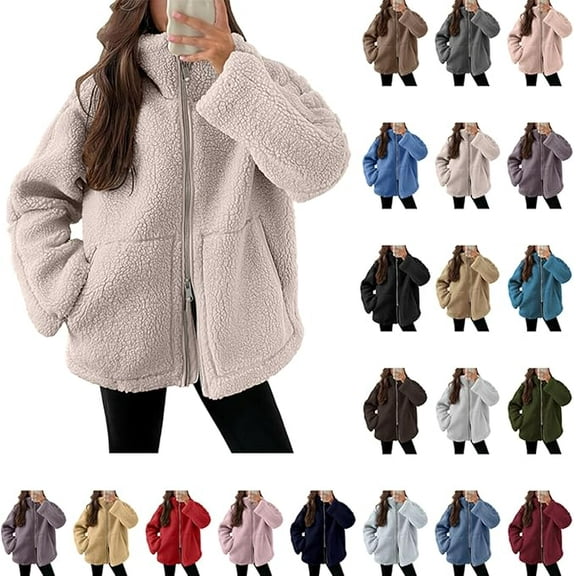 Aricy Womens Coat Casual Fleece Fuzzy Faux Shearling Zipper Coats Winter Fleece Jackets Long Sleeve Relaxed Warm Teddy Outerwear Fall Fashion Clothes with Pockets