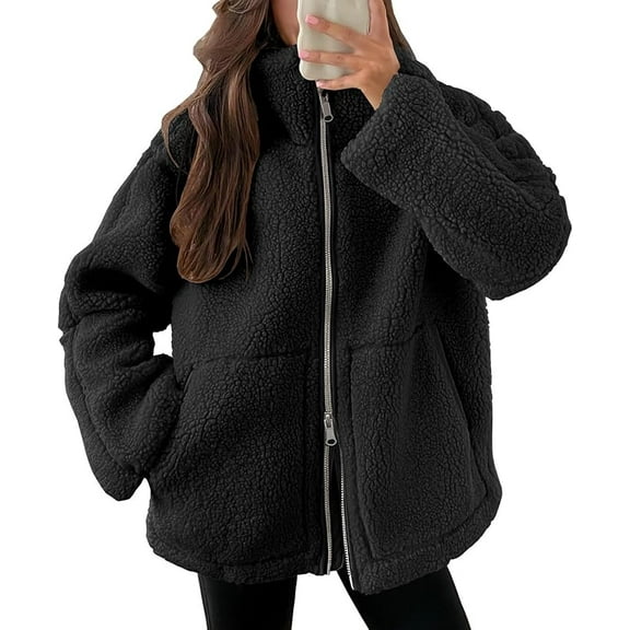 Aricy Womens Coat Casual Fleece Fuzzy Faux Shearling Zipper Coats Winter Fleece Jackets Long Sleeve Relaxed Warm Teddy Outerwear Fall Fashion Clothes with Pockets