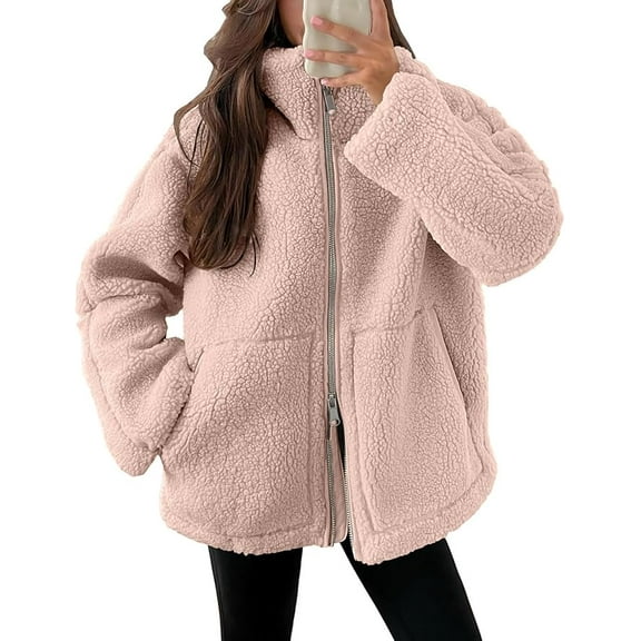 Aricy Womens Coat Casual Fleece Fuzzy Faux Shearling Zipper Coats Winter Fleece Jackets Long Sleeve Relaxed Warm Teddy Outerwear Fall Fashion Clothes with Pockets