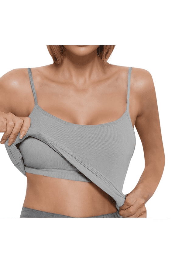 Womens Crop Bra Cami Tops with Pad,Spaghetti Straps Sleeveless Tank Top Cropped Cami Thick Ribbed Double Layers Undershirt Camisole Blouses Loose Vests Ladies Basic Tops