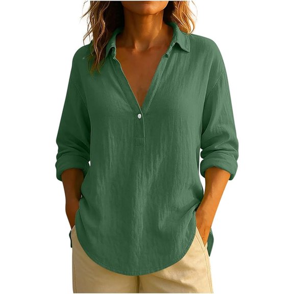 Aricy Womens Fashion Cotton Linen Shirts Dressy Casual Long Sleeve Button V Neck Shirts Comfy Solid Color Collared Loose Tshirts Ladies Going Out Tee