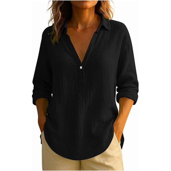 Aricy Womens Fashion Cotton Linen Shirts Dressy Casual Long Sleeve Button V Neck Shirts Comfy Solid Color Collared Loose Tshirts Ladies Going Out Tee