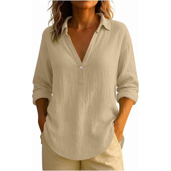 Aricy Womens Fashion Cotton Linen Shirts Dressy Casual Long Sleeve Button V Neck Shirts Comfy Solid Color Collared Loose Tshirts Ladies Going Out Tee