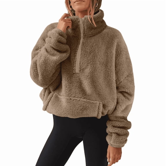 Aricy Womens Fuzzy Fleece Sherpa Pullover Quarter Zip Winter Sweaters Long Sleeve Casual Sweatshirt Faux Shearling Warm Zip Up Hoodies Outwear with Pockets Loungewear