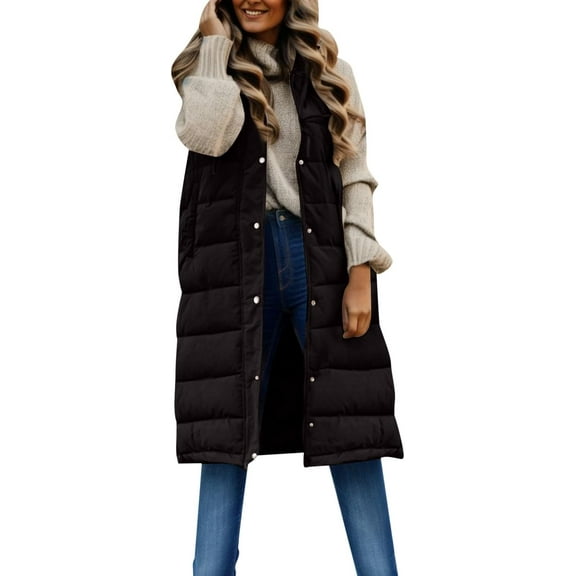 Aricy Womens Long Puffer Vest Sleeveless Hooded Puffy Jackets Winter Warm Down Padded Down Jacket Outerwear Vests Casual Warm Full Zip Up Front Fall Tops with Pockets