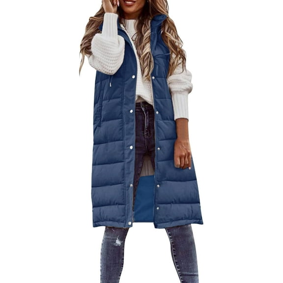 Aricy Womens Long Puffer Vest Sleeveless Hooded Puffy Jackets Winter Warm Down Padded Down Jacket Outerwear Vests Casual Warm Full Zip Up Front Fall Tops with Pockets