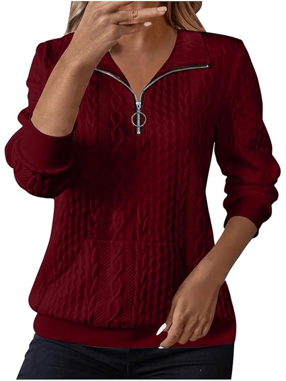 Womens Quarter Zip Pullover Collared Textured Casual Sweatshirt Fall Trendy Half Zip Sweater Plain Long Sleeve Tops Sweat Trendy Winter Clothes