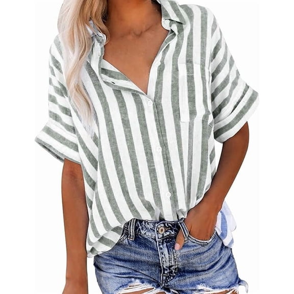 Aricy Womens Short Sleeve Linen Shirts Button Down Lapel Neck Tops Summer Casual Striped Print Blouses Fashion Loose Fit Tee Ladies Elegant Tops