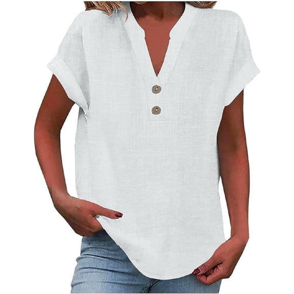 Aricy Womens Summer Top Plus Size Cotton Linen Shirts Fashion Casual Solid Buttons V Neck Short Sleeve Tunic Blouse Trendy Loose Fit T Shirts Work Tops