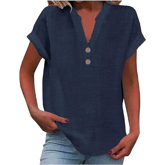 Aricy Womens Summer Top Plus Size Cotton Linen Shirts Fashion Casual Solid Buttons V Neck Short Sleeve Tunic Blouse Trendy Loose Fit T Shirts Work Tops
