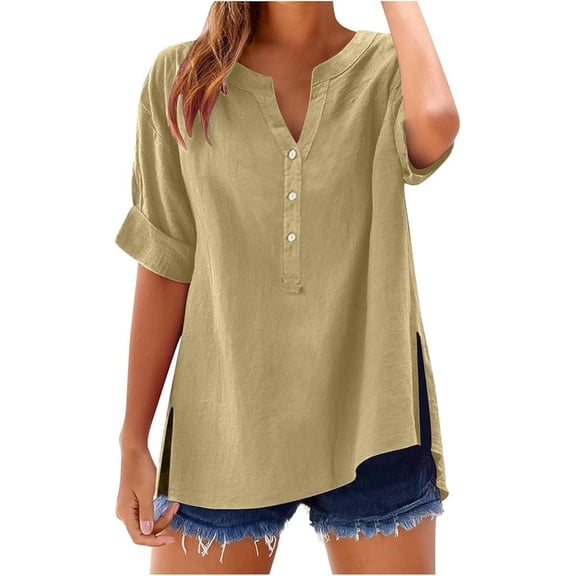 Aricy Womens Tops Cotton Linen Shirts Summer V Neck Button Up Short Sleeve Ladies Blouse T-Shirts Solid Color Work Casual Loose Blouses