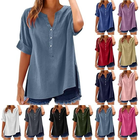 Aricy Womens Tops Cotton Linen Shirts Summer V Neck Button Up Short Sleeve Ladies Blouse T-Shirts Solid Color Work Casual Loose Blouses