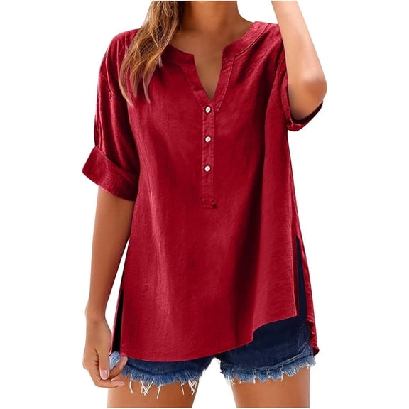 Aricy Womens Tops Cotton Linen Shirts Summer V Neck Button Up Short Sleeve Ladies Blouse T-Shirts Solid Color Work Casual Loose Blouses