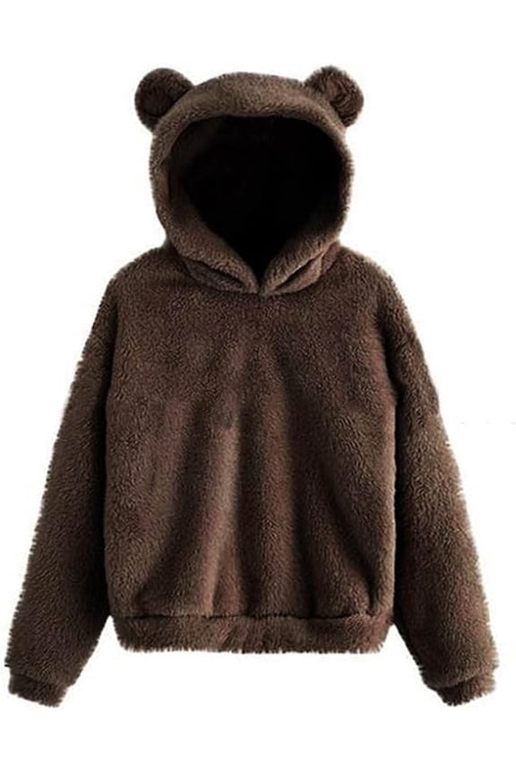 Womens Tops Sweatshirts for Women Cute Bear Ear Fuzzy Hoodies Oversize Long Sleeve Teddy Fleece Hooded Jumpers Winter Warm Comfy Soft Casual Pullover