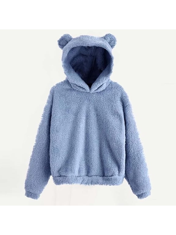Womens Tops Sweatshirts for Women Cute Bear Ear Fuzzy Hoodies Oversize Long Sleeve Teddy Fleece Hooded Jumpers Winter Warm Comfy Soft Casual Pullover