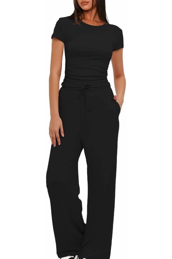 Womens Two Piece Outfits Crew Neck Short Sleeve Tops + Elastic Waist Wide Leg Long Pants Tracksuit Sets Lounge Jogger Sets