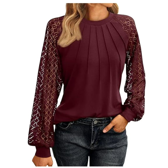 Aricy Womens tops long sleeve pullover Solid Color Lace Patchwork Casual Blouse Crewneck Sweatshirt Long Sleeves Loose Casual T Shirts Plus Size Tops for Women
