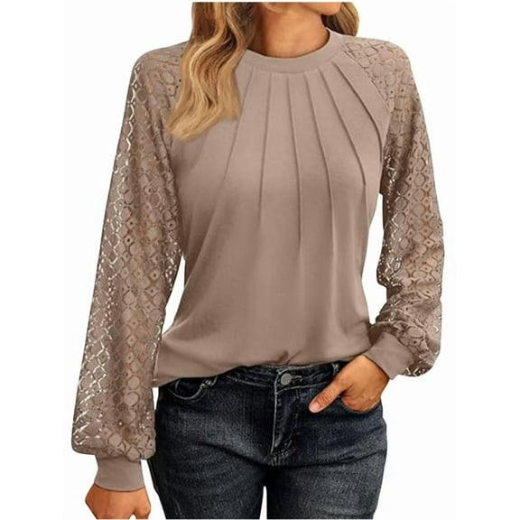 Aricy Womens tops long sleeve pullover Solid Color Lace Patchwork Casual Blouse Crewneck Sweatshirt Long Sleeves Loose Casual T Shirts Plus Size Tops for Women