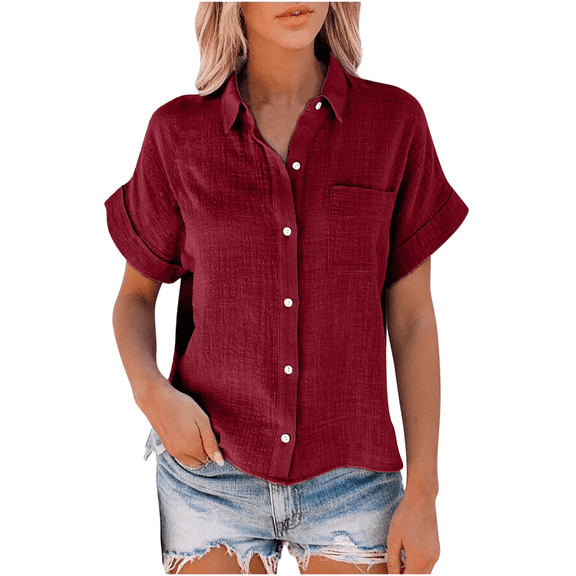 Aricy button down shirts for women plus size Casual Short Sleeve Loose Fit V-Neck Linen Work Blouse Tops with Pocket, Button On Shirt