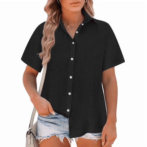 Aricy button down shirts for women plus size Casual Short Sleeve Loose Fit V-Neck Linen Work Blouse Tops with Pocket, Button On Shirt