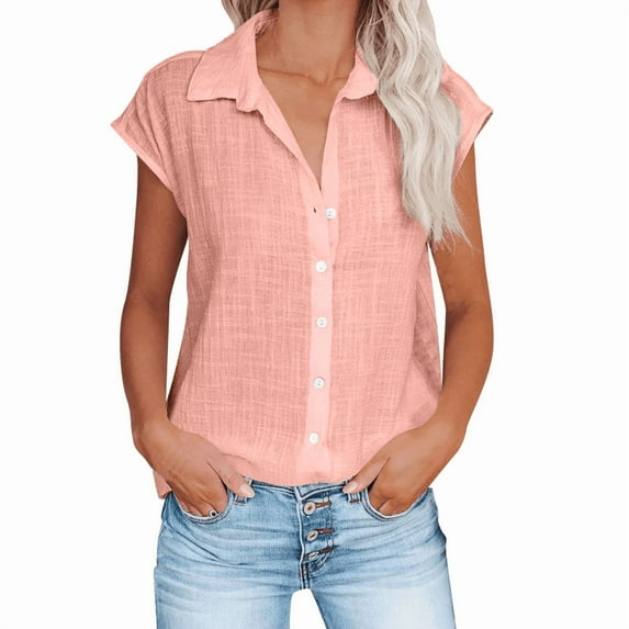 Aricy button down shirts for women plus size Casual Short Sleeve Loose Fit V-Neck Linen Work Blouse Tops with Pocket, Button On Shirt