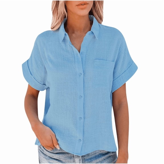 Aricy button down shirts for women plus size Casual Short Sleeve Loose Fit V-Neck Linen Work Blouse Tops with Pocket, Button On Shirt