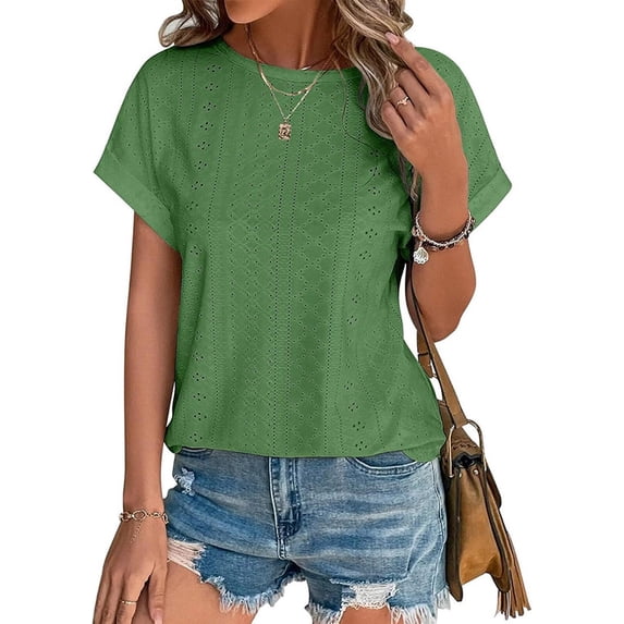 Aricy trending women tops summer Eyelet Embroidery Crewneck Casual Short Sleeve Blouse Trendy T Shirts for Womens Clothes Trendy Shirts Tunic Tops