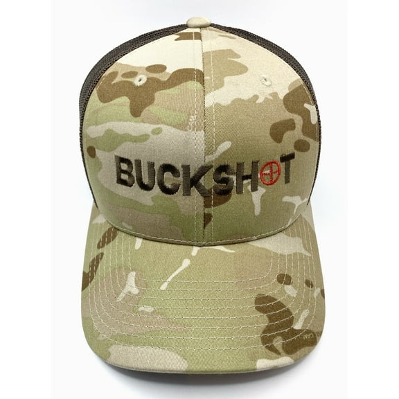 Arid Brown camo trucker hat with BUCKSHOT embroidered