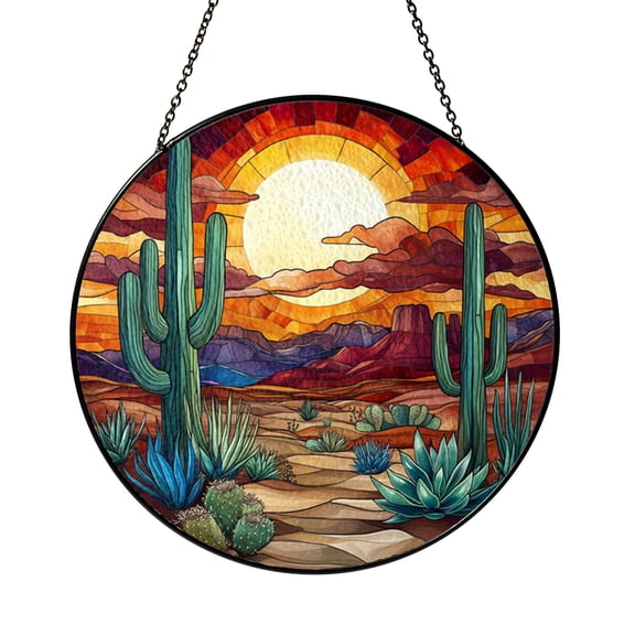 Arid Desert Acrylic Stained Glass Style Suncatcher Window Decor, Cactus Landscape Art Design, Decorative Acrylic Window Hanging for Rustic Home Interior