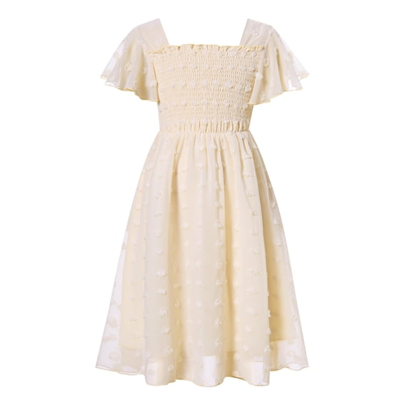 Aridak Girls Chiffon Dress Flutter Ruffle Short Sleeve Kids Square Neck Frocks Beige 6-13Y
