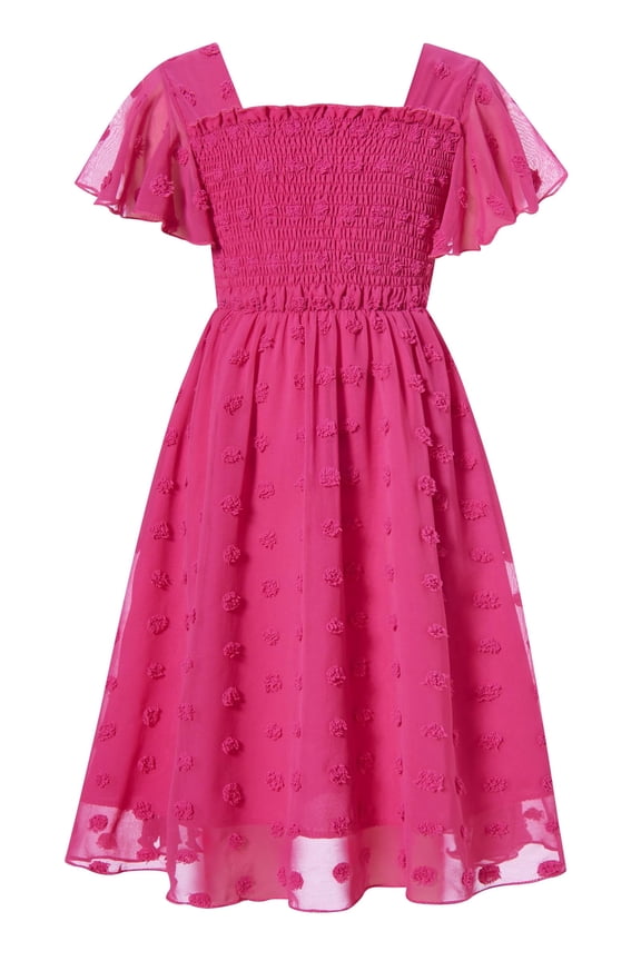Girls Chiffon Dress Flutter Ruffle Short Sleeve Kids Square Neck Frocks Hot Pink 6-13Y