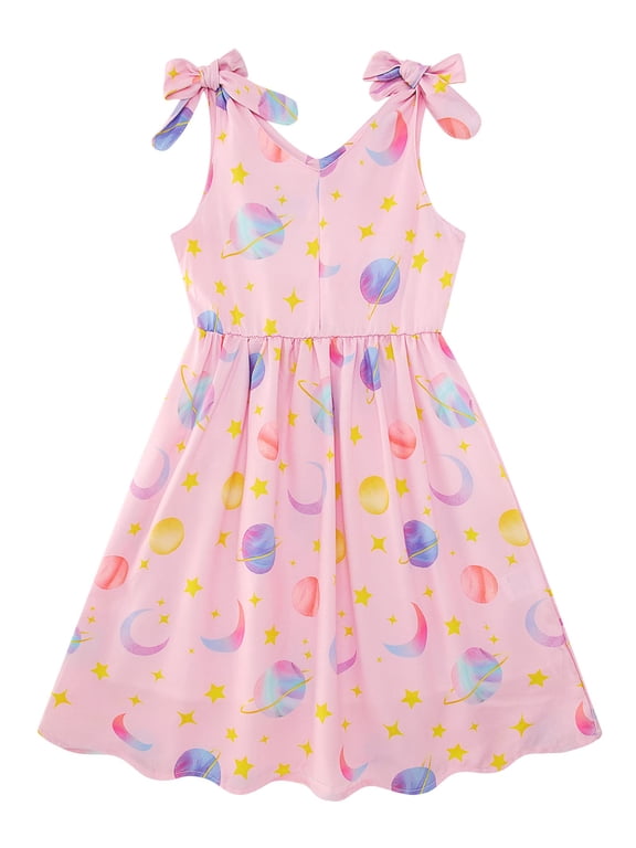 Girls Dresses Sleeveless Summer Dress Bowknot Strap Stripe V Neck Sundress 3-10T
