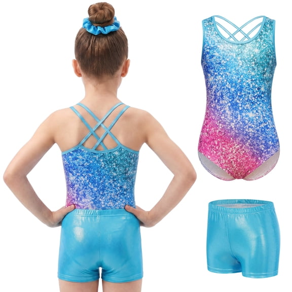 Aideaone Gymnastics Leotards for Girls Shiny outfits with Shorts Hair Scrunchie 5-10Y